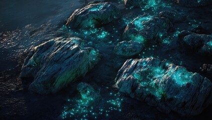 Luminescent organisms glow on rocky shore at dusk, waves lapping gently