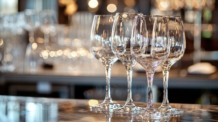 An upscale restaurant bar area with elegant glassware, polished surfaces, and soft ambient lighting.