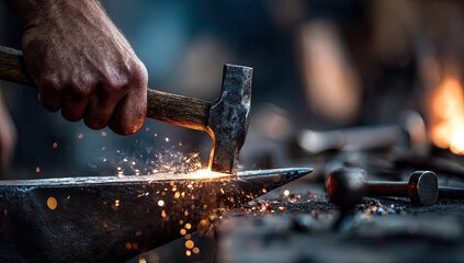 Close-up of a blacksmith's hammer striking a glowing hot metal workpiece