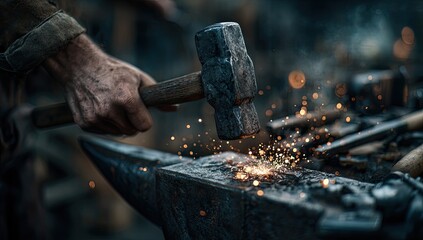 Blacksmith strikes glowing metal on anvil, sparks fly