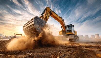 A powerful excavator digs earth under a dramatic sky, dust flying