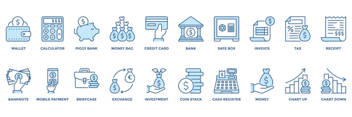 Finance vector icons with dollar signs for apps and business. Includes wallet, bank, calculator, credit card, and investment icons. Ideal for fintech and accounting.