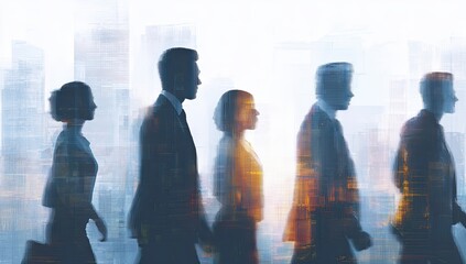 Silhouetted professionals in suits walk past urban skyline