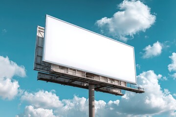 Large blank billboard stands against a bright blue sky with fluffy white clouds