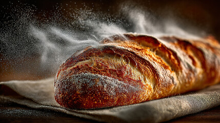 Freshly baked bread with flour being dusted on top, on a linen cloth.