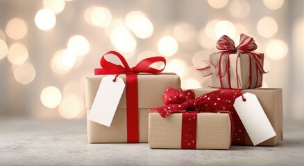 Stacked gift boxes with red ribbon and blank tags, bokeh background