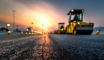 Construction scene at sunset with road rollers compacting asphalt, creating a smooth surface