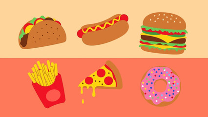 A vibrant and delicious illustration featuring a variety of popular fast food items, including tacos, hot dogs, burgers, fries, pizza, and donuts, presented in a playful and colorful style