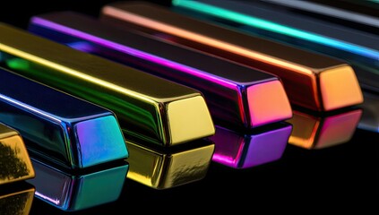 Row of iridescent, polished rectangular bars on a reflective surface