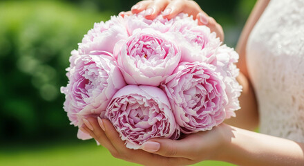 Close-up of a woman&rsquo;s hand holding a bouquet of soft pink peonies, lush layered petals with delicate texture
