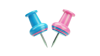 Blue and Pink Push Pins Leaning on White Background