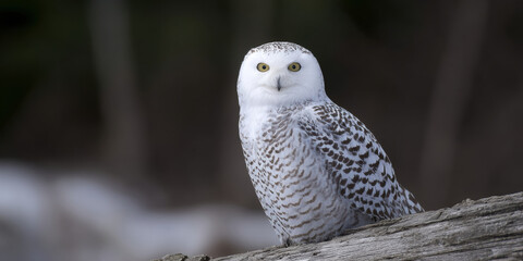 Snowy white owl bird prey perched log wildlife animal winter snow forest nature wild animal sitting watching alert eye head beak feather branch wood natural light outdoors habitat portrait