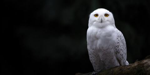 Bird prey log perched snowy white owl wildlife animal winter snow forest nature wild animal sitting watching alert eye head beak feather branch wood natural light outdoors habitat portrait