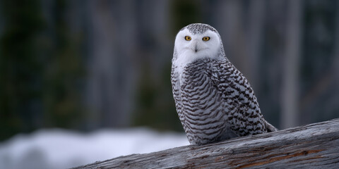 Bird prey log perched snowy white owl wildlife animal winter snow forest nature wild animal sitting watching alert eye head beak feather branch wood natural light outdoors habitat portrait animal