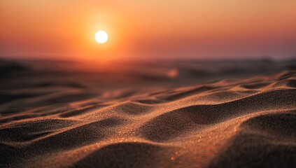 Golden desert dunes shimmer under a hazy, warm sun at dusk