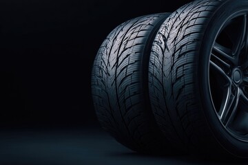 Close-up of two dark, textured vehicle tires and rims against a black background
