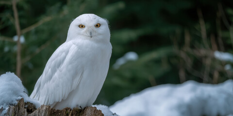 Snowy white owl wildlife animal bird prey log perched forest nature wild sitting watching alert eye head beak feather branch wood natural light outdoors winter snow habitat portrait animal