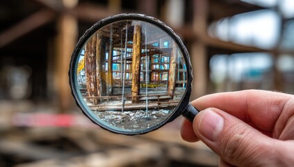 Magnifying glass focuses on construction scaffolding, revealing weathered wood supports