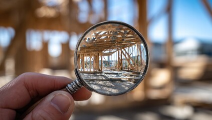 Close-up view through magnifying glass of wooden structure framing