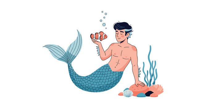 A handsome merman with dark hair and a blue tail relaxes underwater, holding a small clownfish in his hand. This charming fantasy vector illustration is isolated on a white background for design.