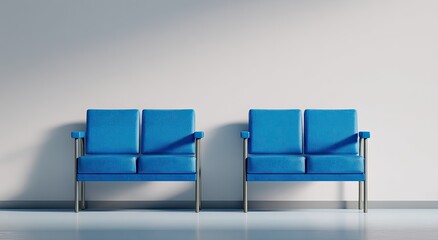 Two blue waiting room chairs against a white wall