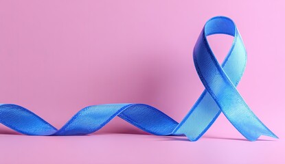 A lustrous blue ribbon curls elegantly against a soft pink backdrop