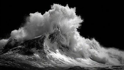 Monochrome, powerful ocean wave crashing against a dark, undefined background