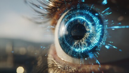 Futuristic blue digital light patterns emanate from a human eye