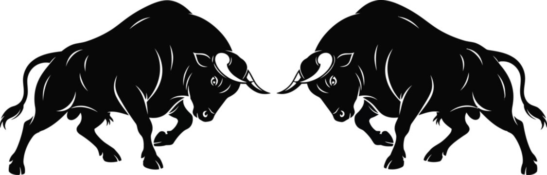 a dramatic silhouette of two powerful bulls facing each other in a tense standoff horns lowered and ready to charge forward