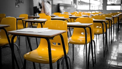 Empty classroom with rows of yellow chairs and desks, waiting for students