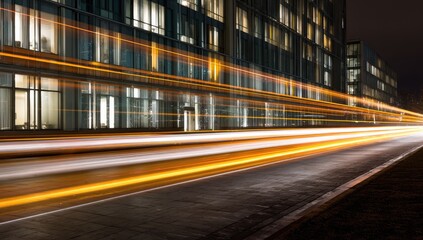 Streaks of light from moving vehicles blur past illuminated modern buildings at night