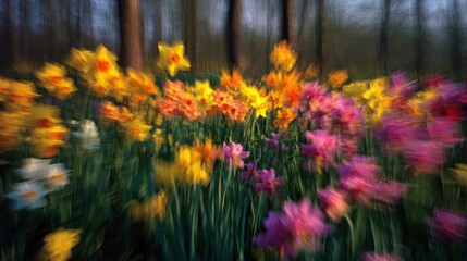 Fototapeta premium A vibrant, blurred field of colorful flowers in bloom, set in a natural landscape, evokes a sense of springtime beauty and renewal.