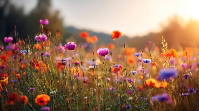A vibrant field of wildflowers in full bloom, showcasing a mix of colors under warm sunlight, creating a serene and picturesque landscape. - Powered by Adobe