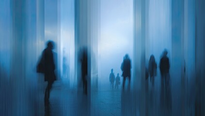 Silhouettes of people blurred by motion, amidst tall, abstract, glowing blue columns