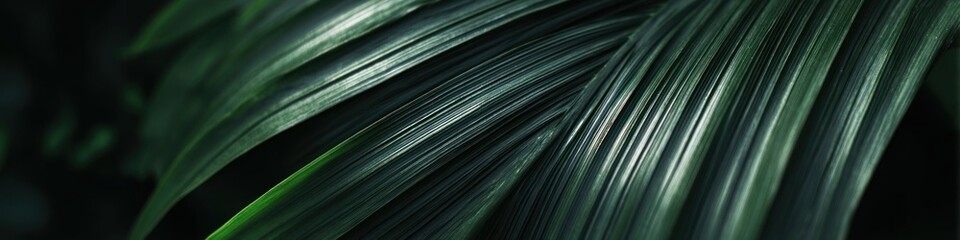 A close-up of green, sleek palm leaves showcasing intricate textures and vibrant hues in a natural setting.