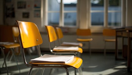 Empty classroom with rows of bright yellow chairs, sunlit