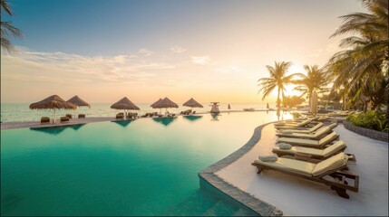 Fototapeta premium A serene tropical poolside scene at sunset, surrounded by palm trees and thatched-roof cabanas, inviting relaxation and tranquility.