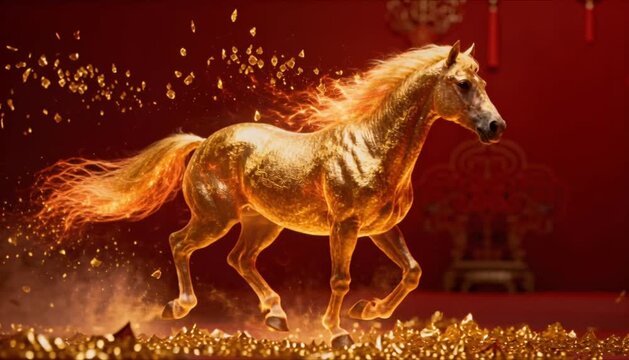 cinematic fire energy horse with golden embers and dark red background perfect for chinese new year and lunar new year