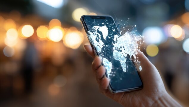 Hand holding smartphone displaying a glowing digital world map with network connections - Powered by Adobe