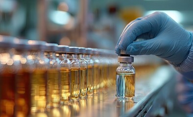 Gloved hand inspects a line of amber liquid filled vials in a sterile environment