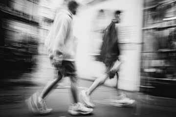 Two figures in motion, captured with a blurred effect, walking on a street