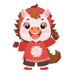 Cheerful cartoon horse in festive attire waving happily.