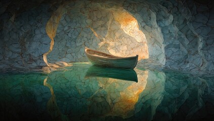 Ethereal cave, gentle boat rests on luminous water, bathed in golden light