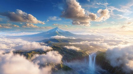 Majestic mountain peaks above clouds at sunrise. AI image