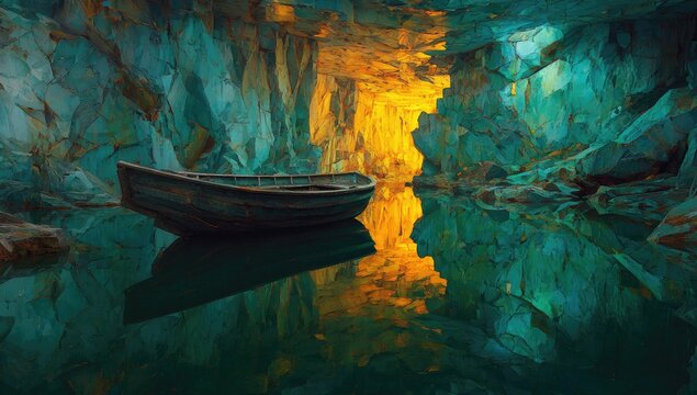 A weathered wooden boat rests on still water within a cavern illuminated by warm light - Powered by Adobe