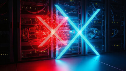Critical data center network failure concept, featuring illuminated red and blue 'X' marks over server racks, symbolizing system errors, data security threats, and operational disruption