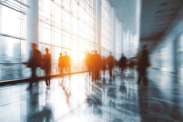 Blurred motion of people in a bright, modern atrium with large windows and reflections