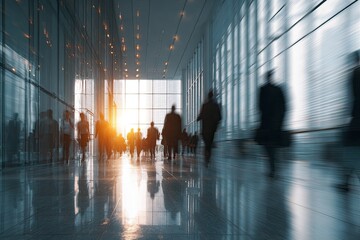 Blurred figures walking through a bright, modern, glass-walled building