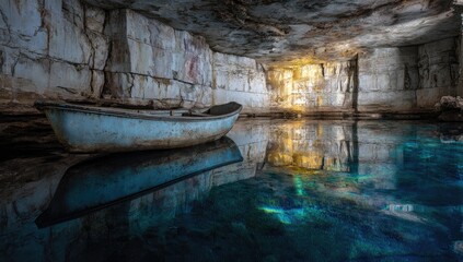 A weathered rowboat rests on still, clear blue water in a cave