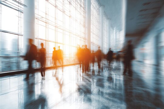 Blurred motion of people in a bright, modern atrium with large windows and reflections